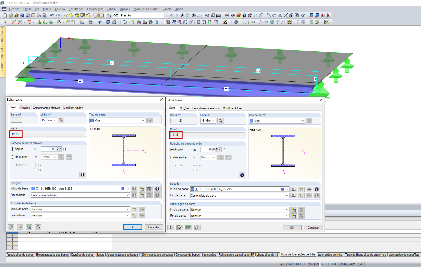 Linhas e nós das barras 1 e 2