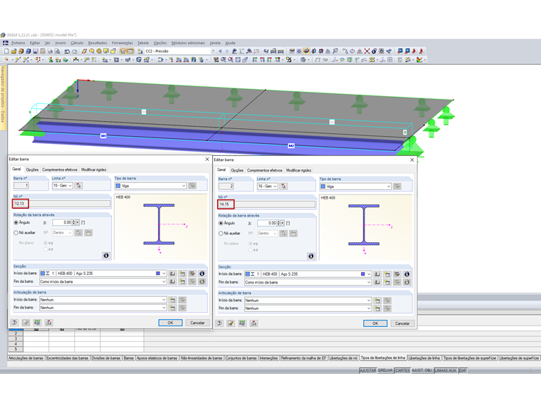 Linhas e nós das barras 1 e 2