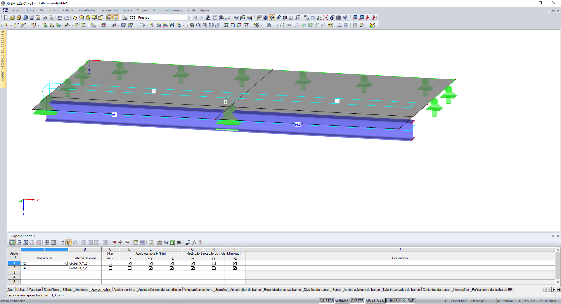 Apoio nodal nas barras 1 e 2