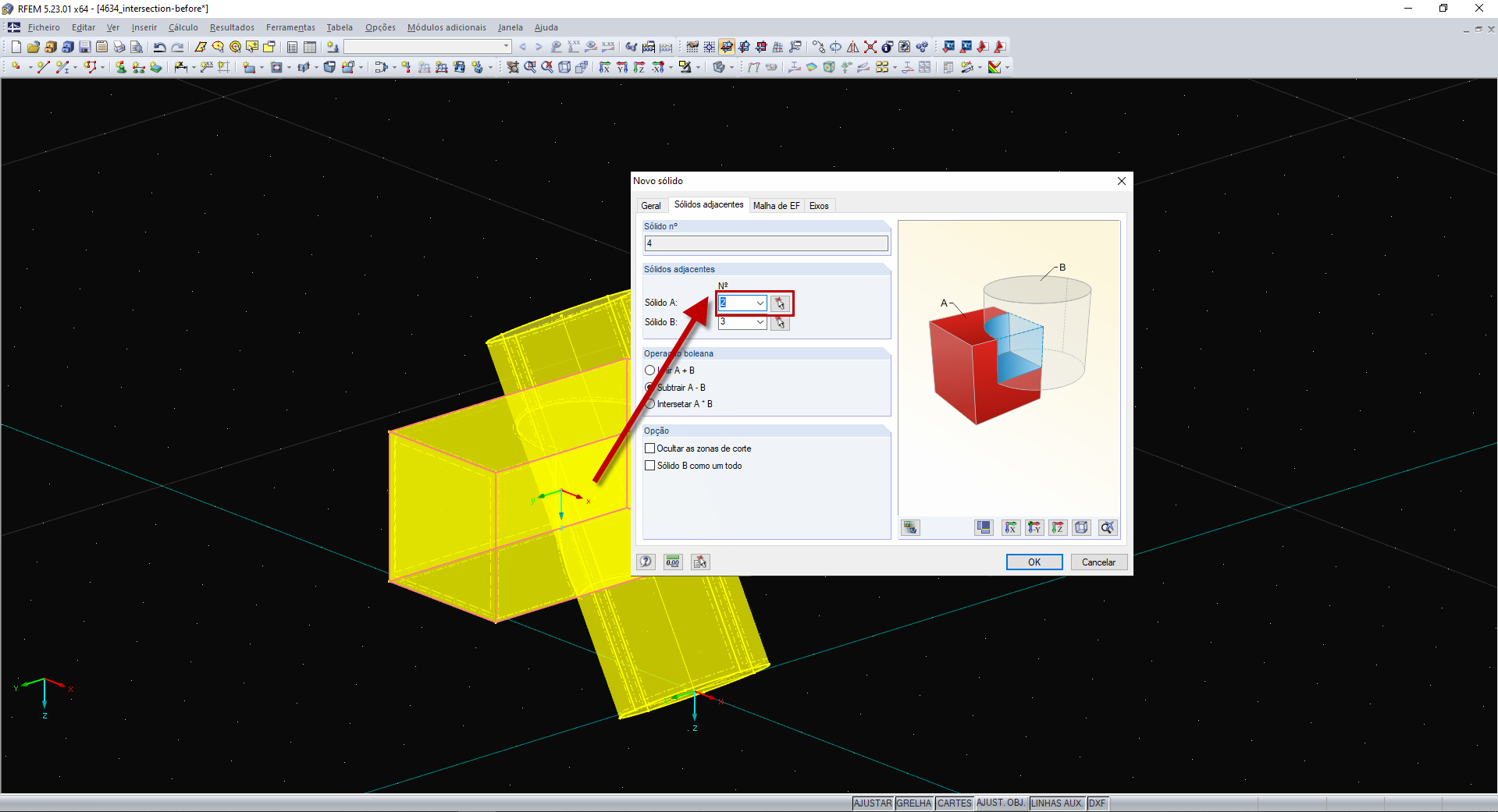 Criação de novo sólido por subtração do cilindro do cuboide