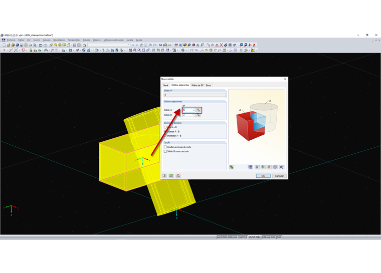Criação de novo sólido por subtração do cilindro do cuboide