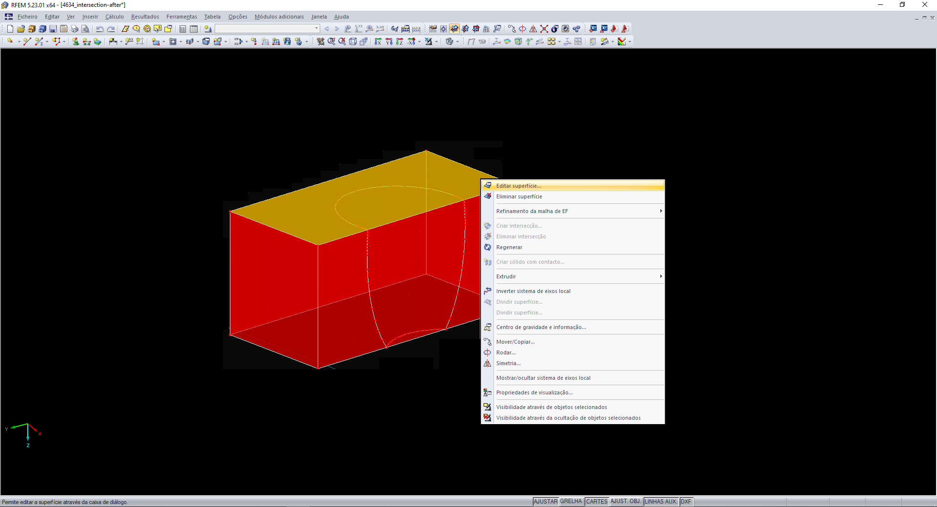 Superfícies de um cuboide com linhas de intersecção