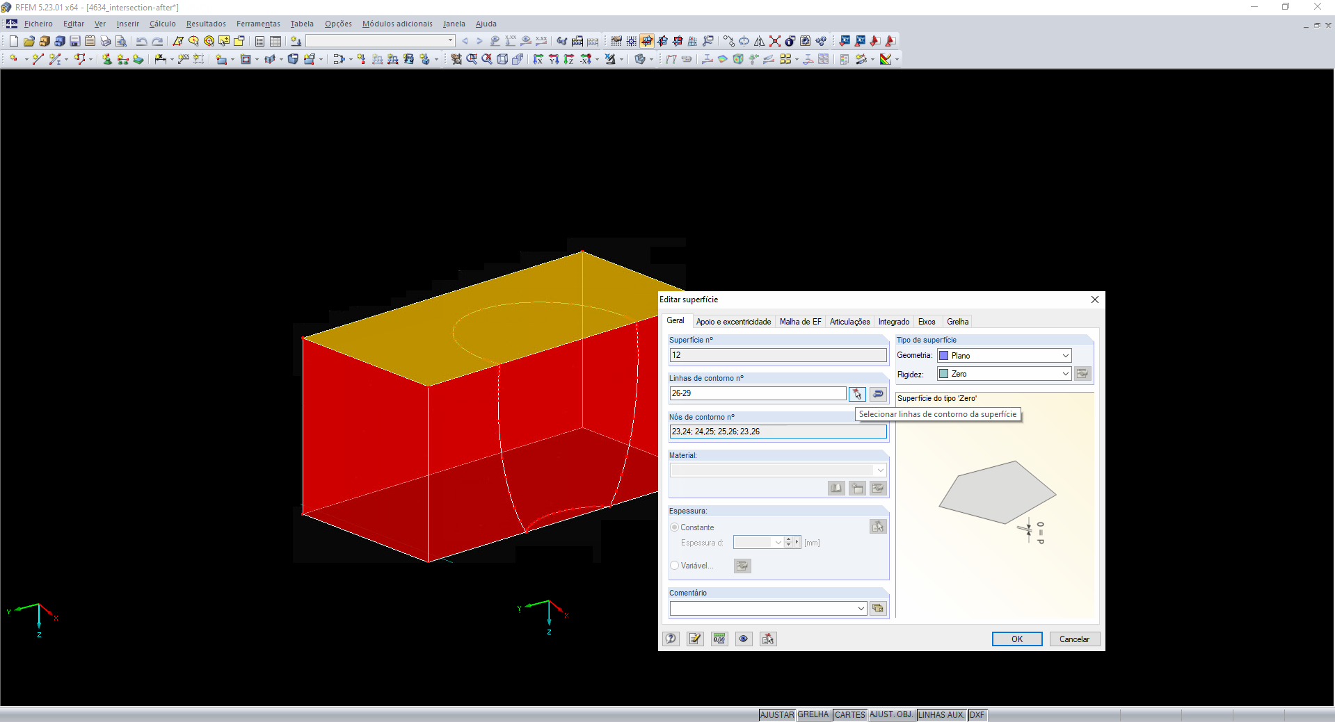 Modificação das linhas de contorno da superfície superior