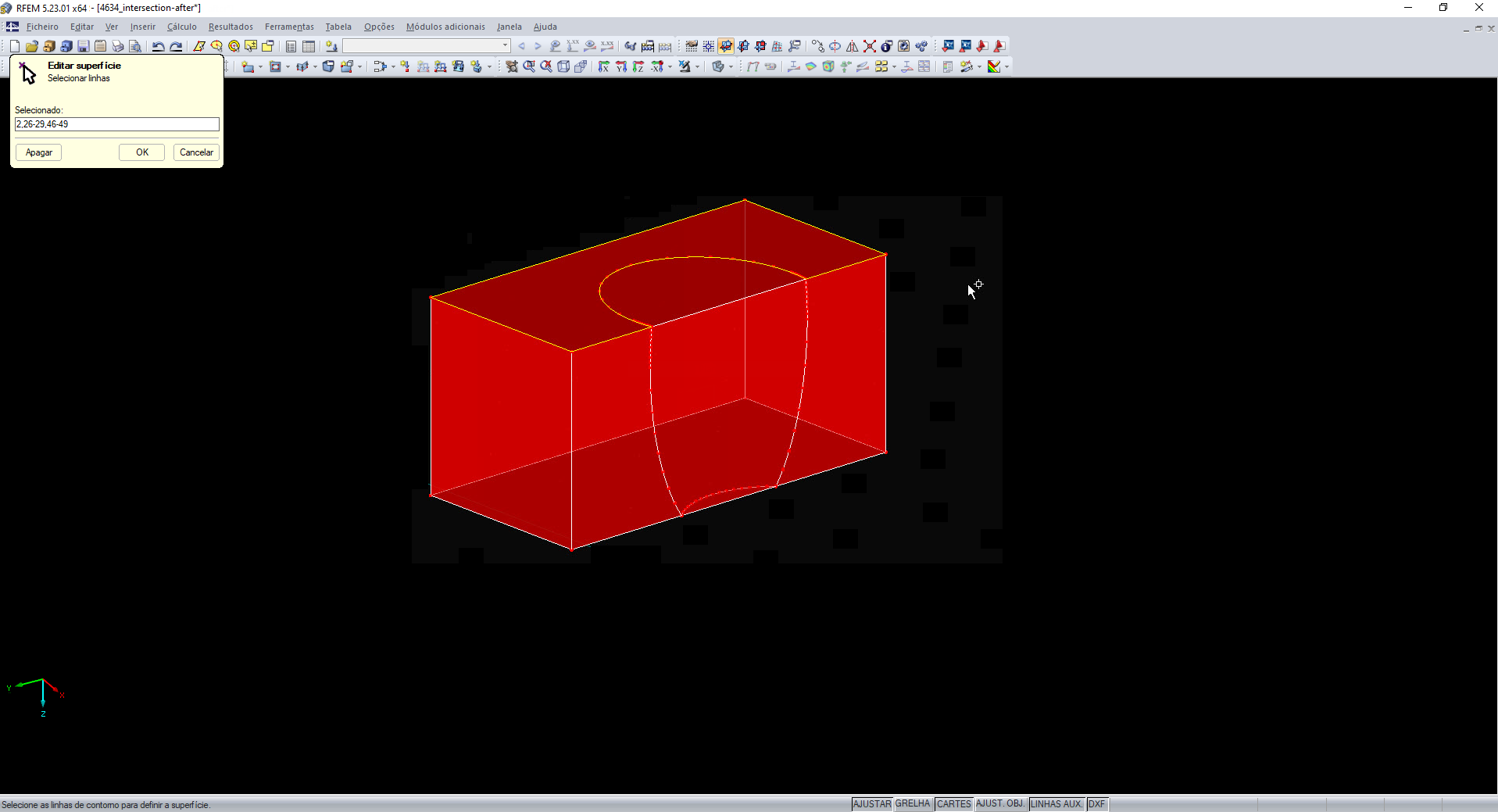 Novas linhas de contorno selecionadas da superfície superior
