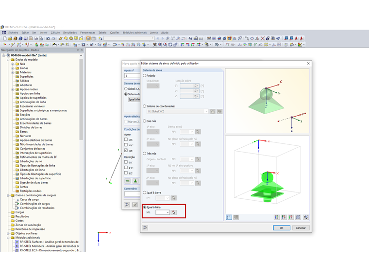 Editar sistema de eixos definido pelo utilizador – Igual à linha
