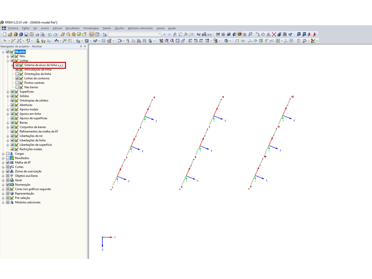 Ativação do sistema de eixos de linhas locais x, y, z no Navegador de projetos – Mostrar
