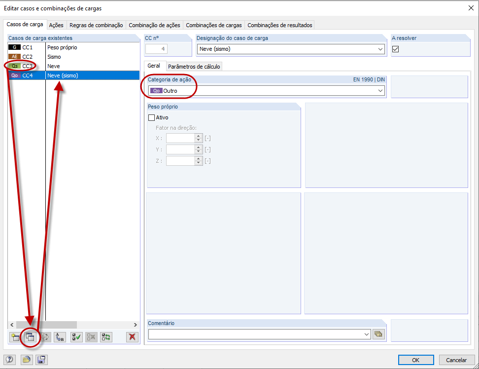 Copiar caso de carga e atribuir categoria de ação