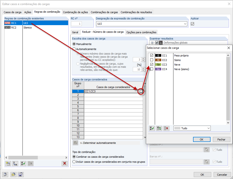 Configurações para situação de dimensionamento permanente/transitório