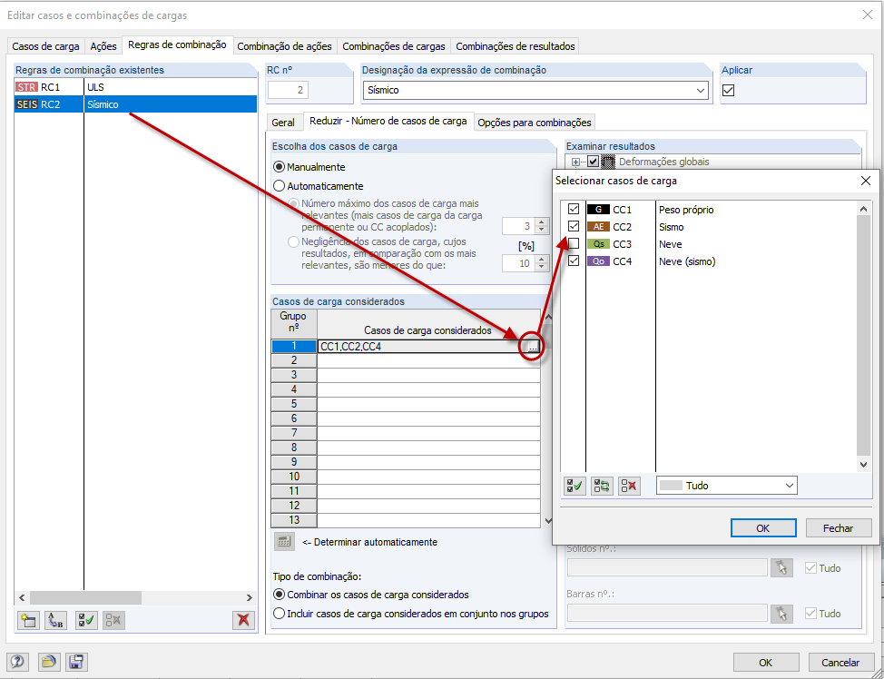 Configuração para a situação de dimensionamento sísmico