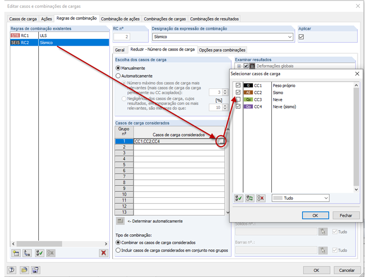 Configuração para a situação de dimensionamento sísmico