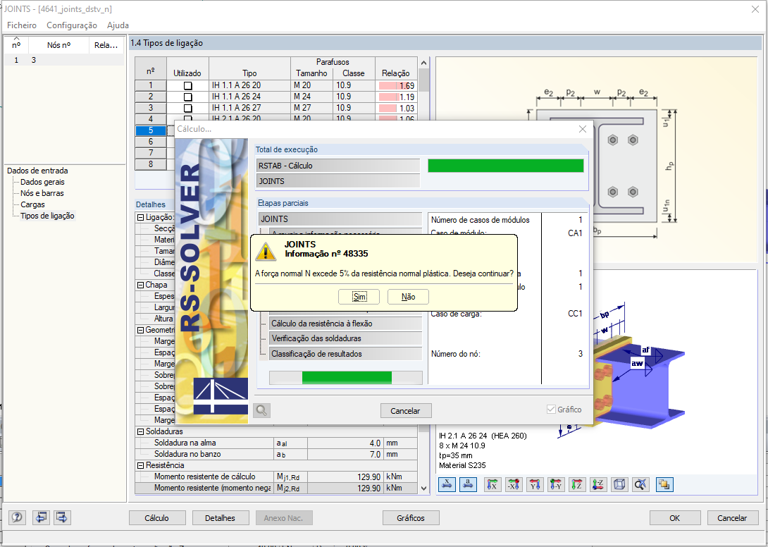 Mensagem de aviso para força normal ativa > 5% N_pl,Rd
