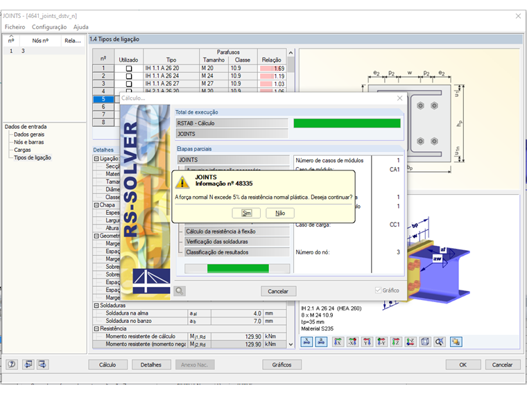 Mensagem de aviso para força normal ativa > 5% N_pl,Rd