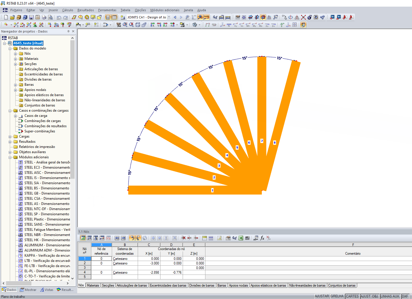 Ângulo mínimo e número máximo de barras
