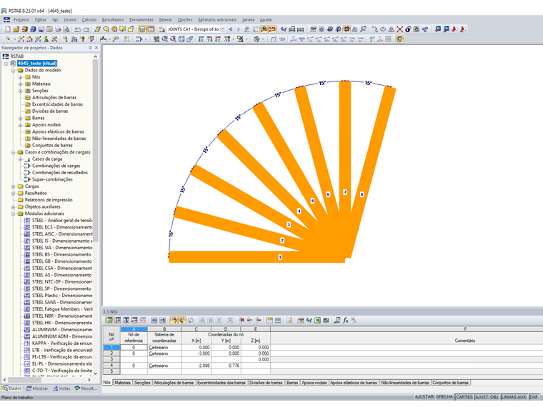 Ângulo mínimo e número máximo de barras
