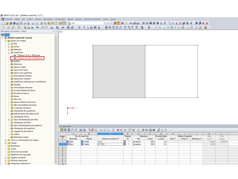 Navegador de projetos - Dados: Identificação de superfície definida incorretamente