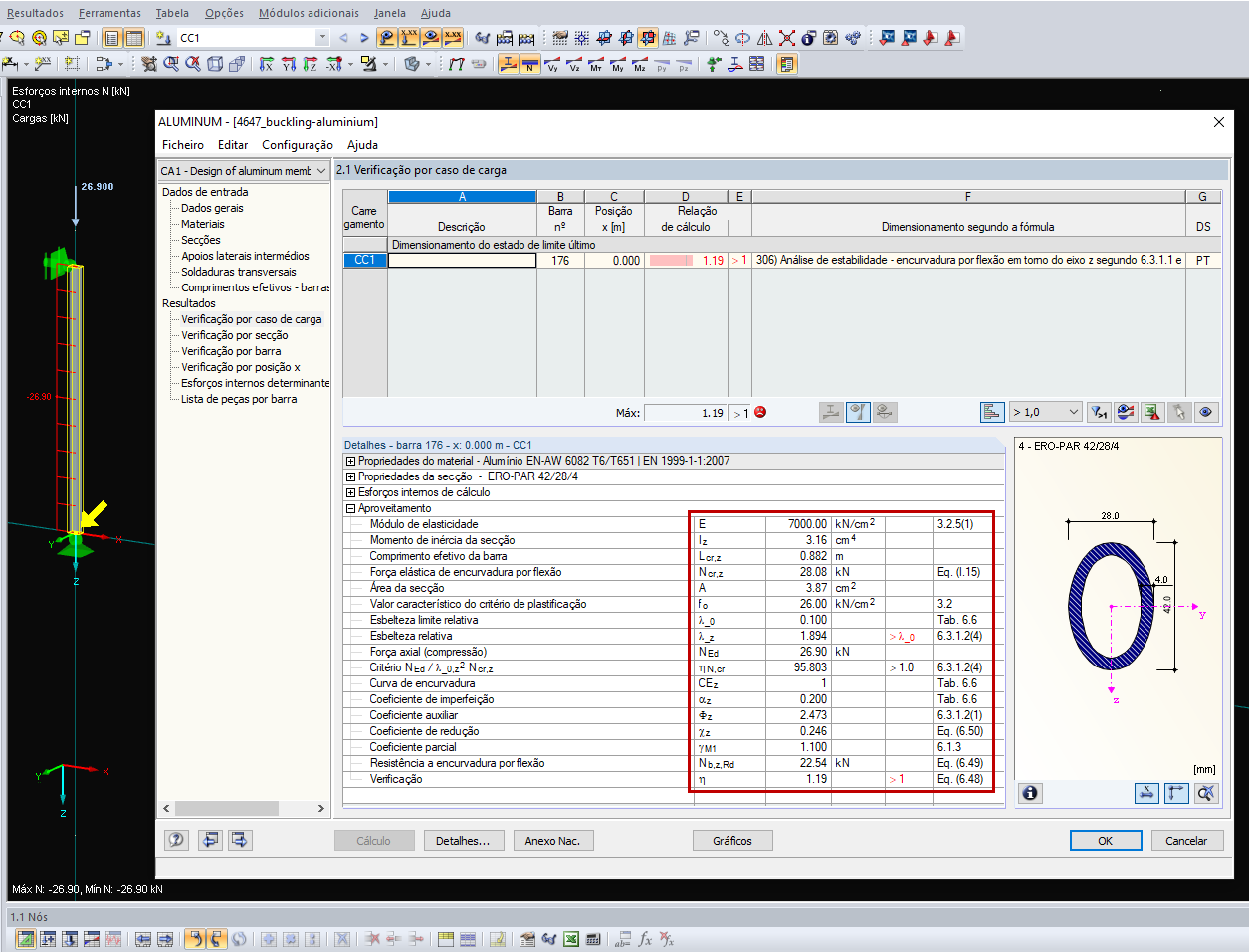 Resultados detalhados para dimensionamento