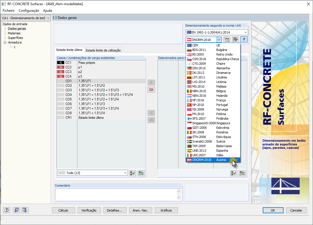 Janela 1.1 do RF-CONCRETE Surfaces com a seleção do anexo nacional "ÖNORM"