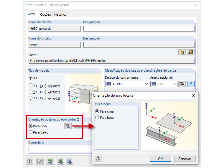 Definição positiva dos esforços internos para o eixo local z para baixo