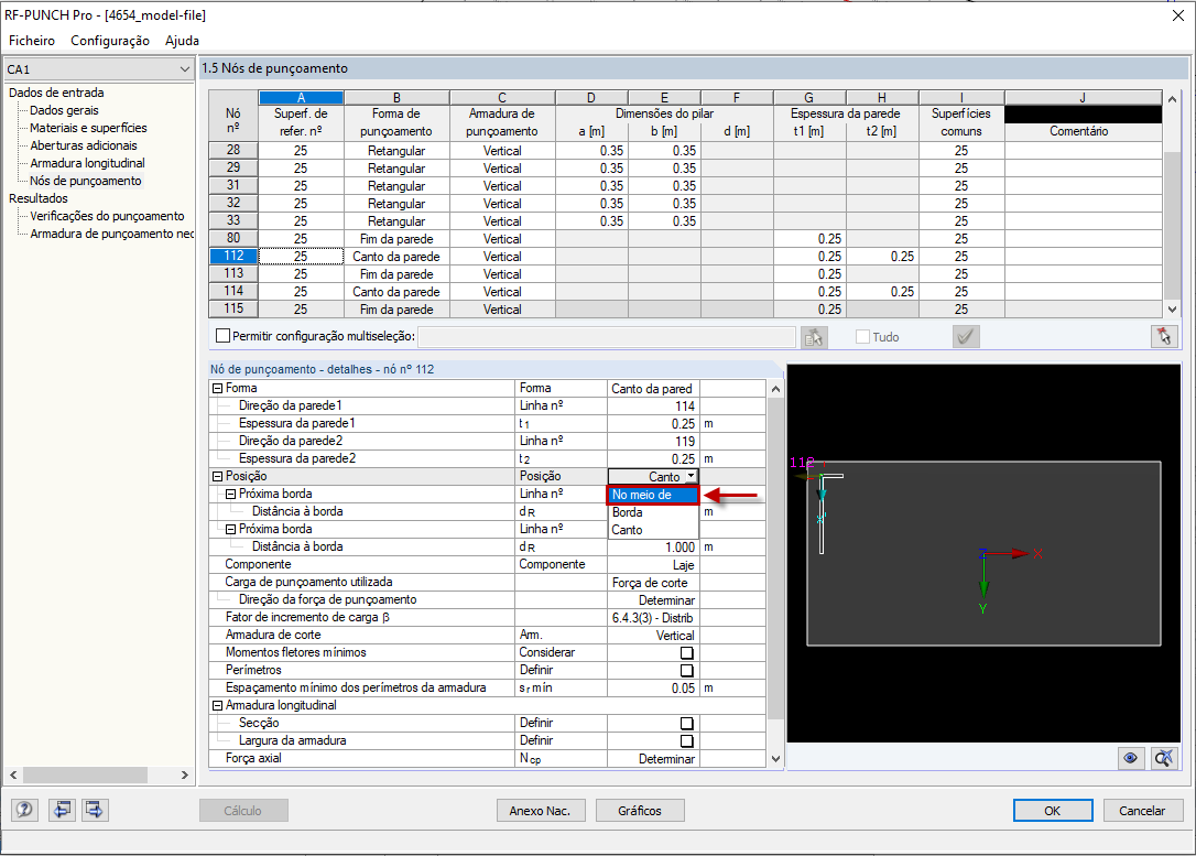 Janela 1.5 do RF-PUNCH Pro com a configuração da posição do canto da parede