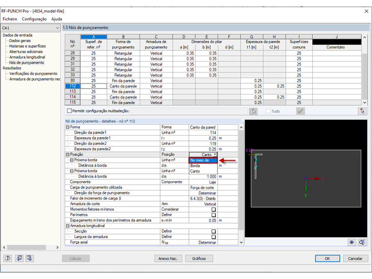Janela 1.5 do RF-PUNCH Pro com a configuração da posição do canto da parede