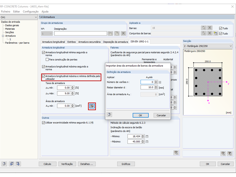 Janela 1.4 do RF-CONCRETE Columns com a configuração da armadura básica existente