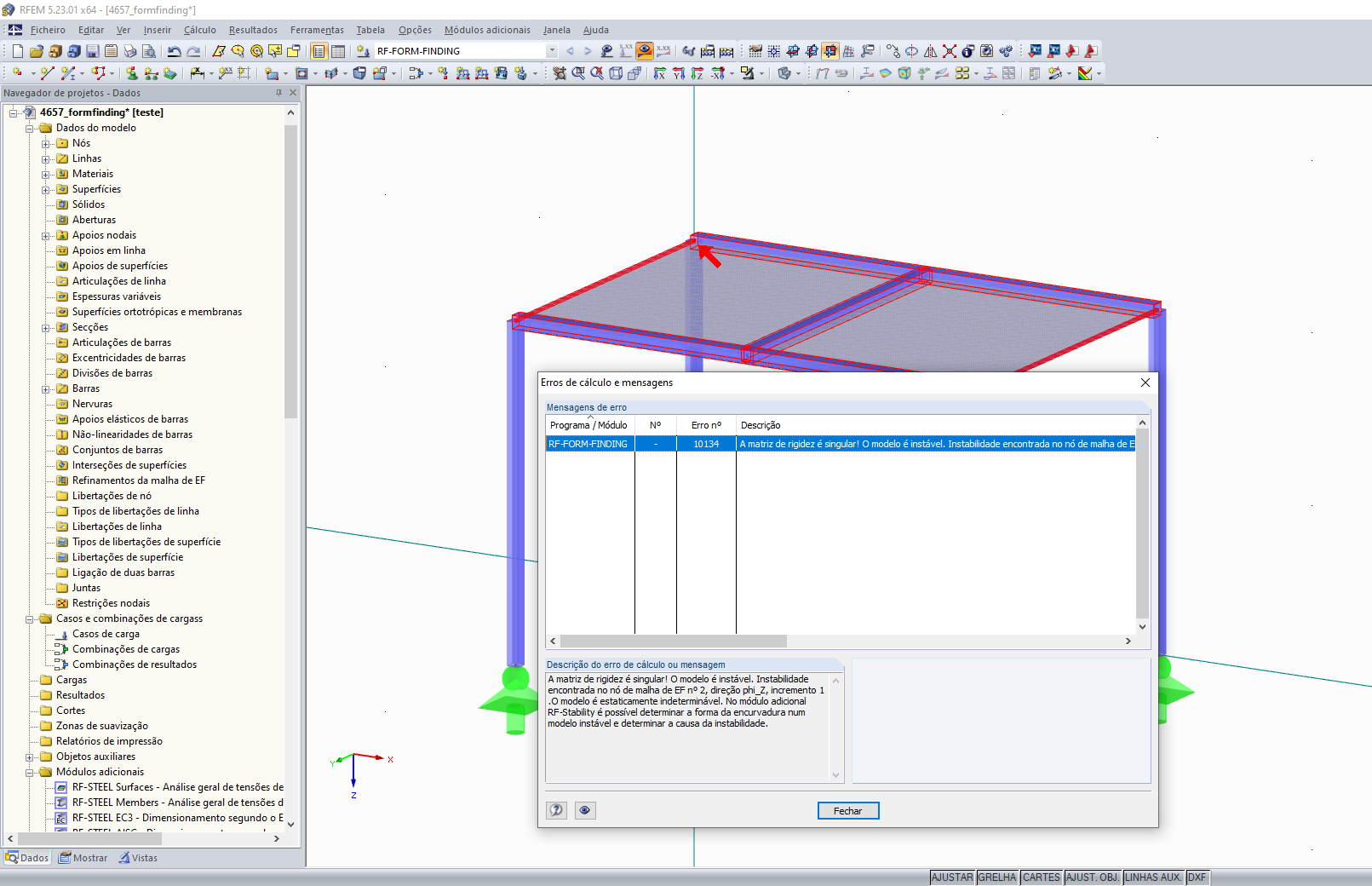 Erro "A matriz de rigidez é singular!"