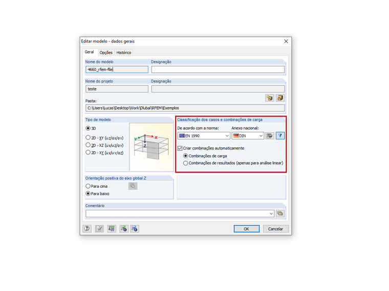 Ativação de combinações automáticas na caixa de diálogo "Editar modelo – dados gerais"
