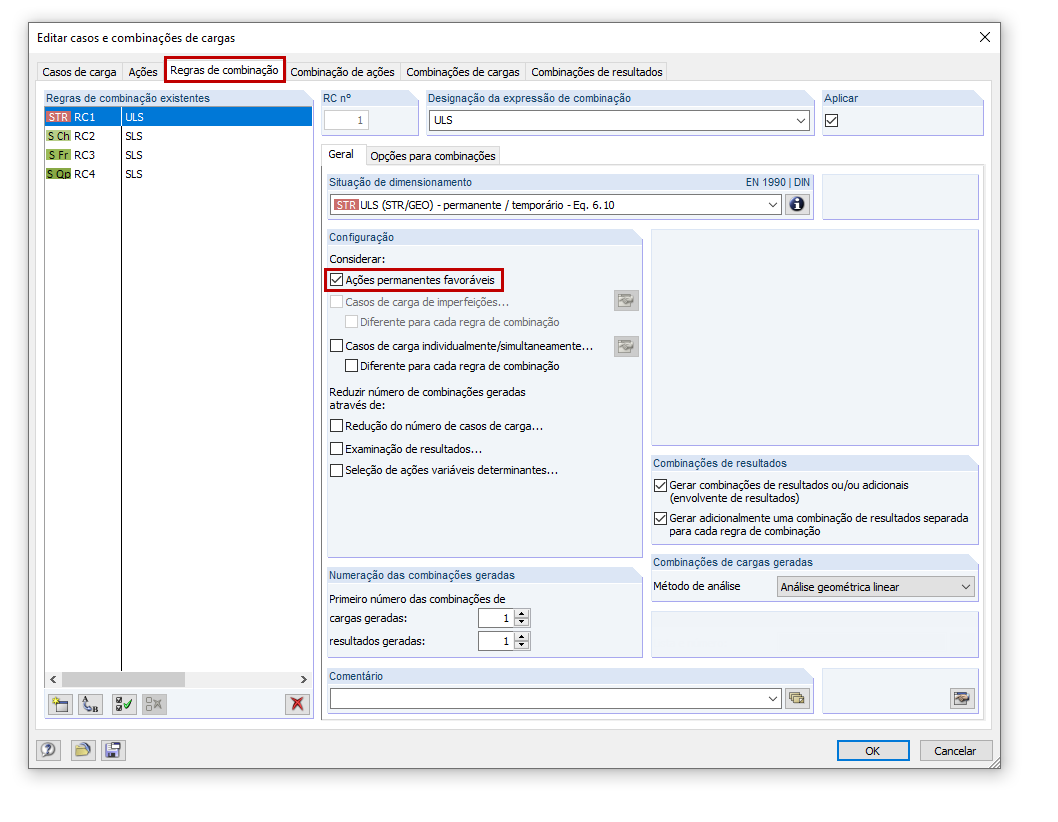 Separador "Regras de combinação" com opção para carga de ação permanente favorável
