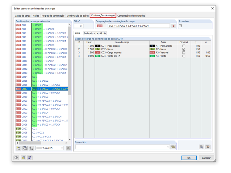 Combinações de cargas com carga permanente favorável e desfavorável