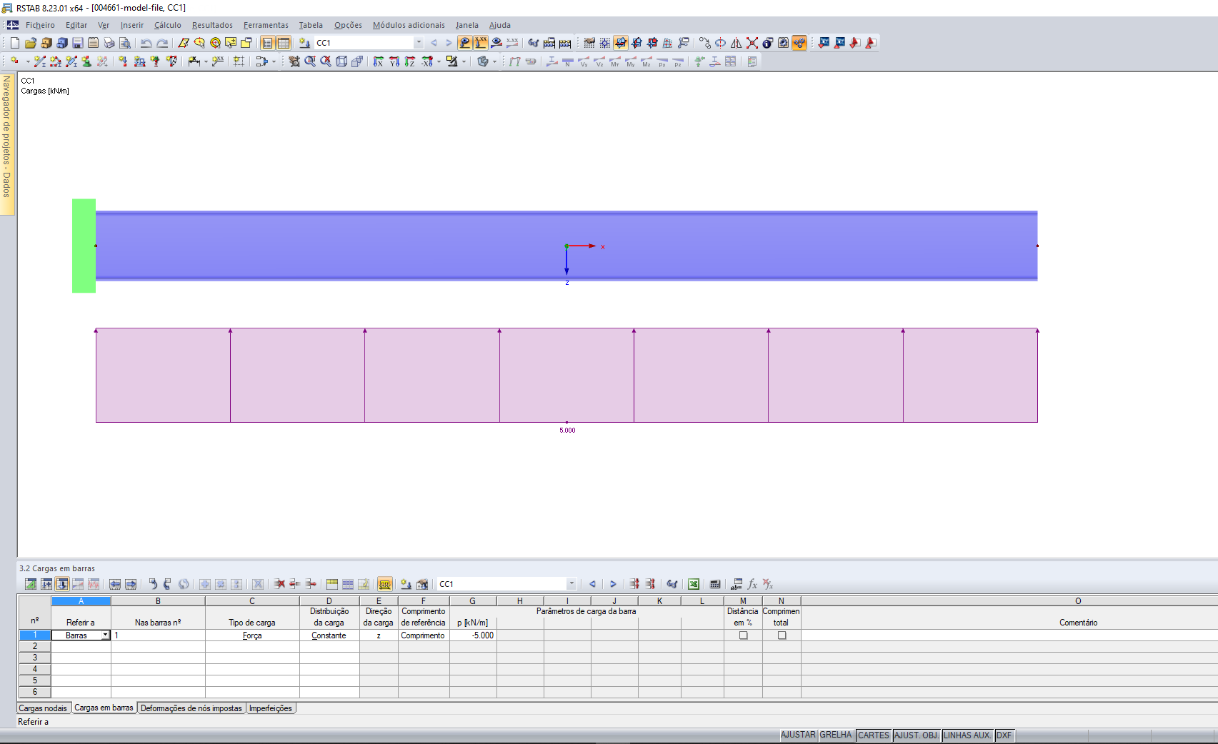 Carga de barra na direção do eixo negativo da barra local z