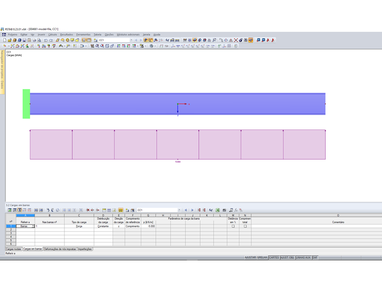 Carga de barra na direção do eixo negativo da barra local z