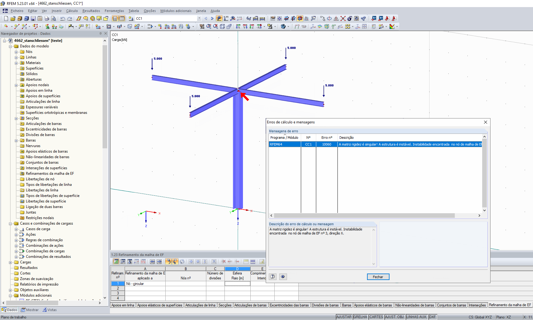 Estrutura instável, barras não estão ligadas
