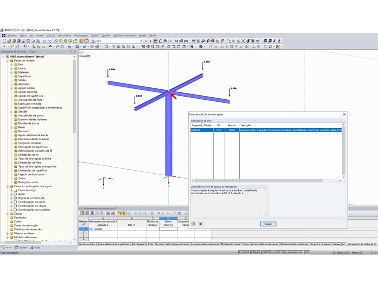 Estrutura instável, barras não estão ligadas