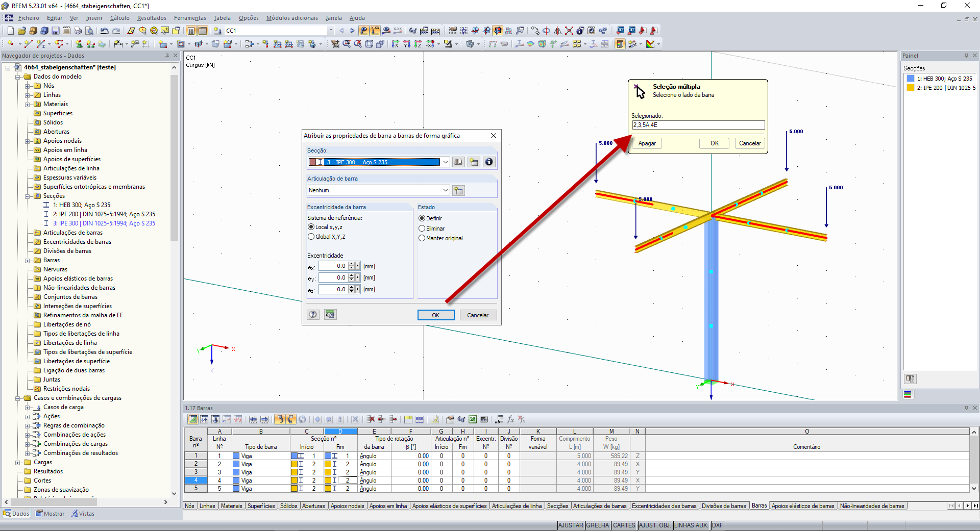 Atribuição das propriedades da barra (representação dos pontos de um terço)