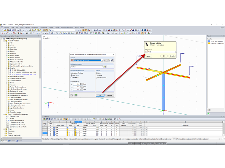 Atribuição das propriedades da barra (representação dos pontos de um terço)