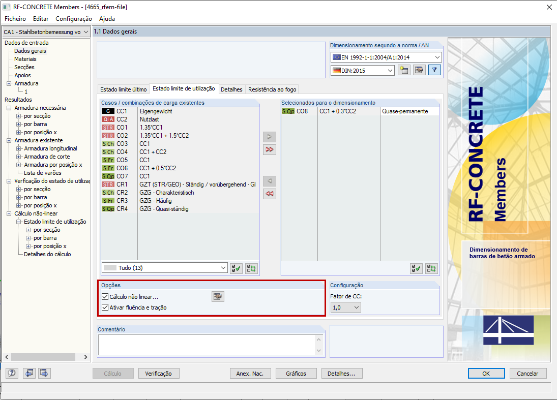 Janela 1.1 no RF-CONCRETE Members com ativação do cálculo NL incl. Fluência e retração