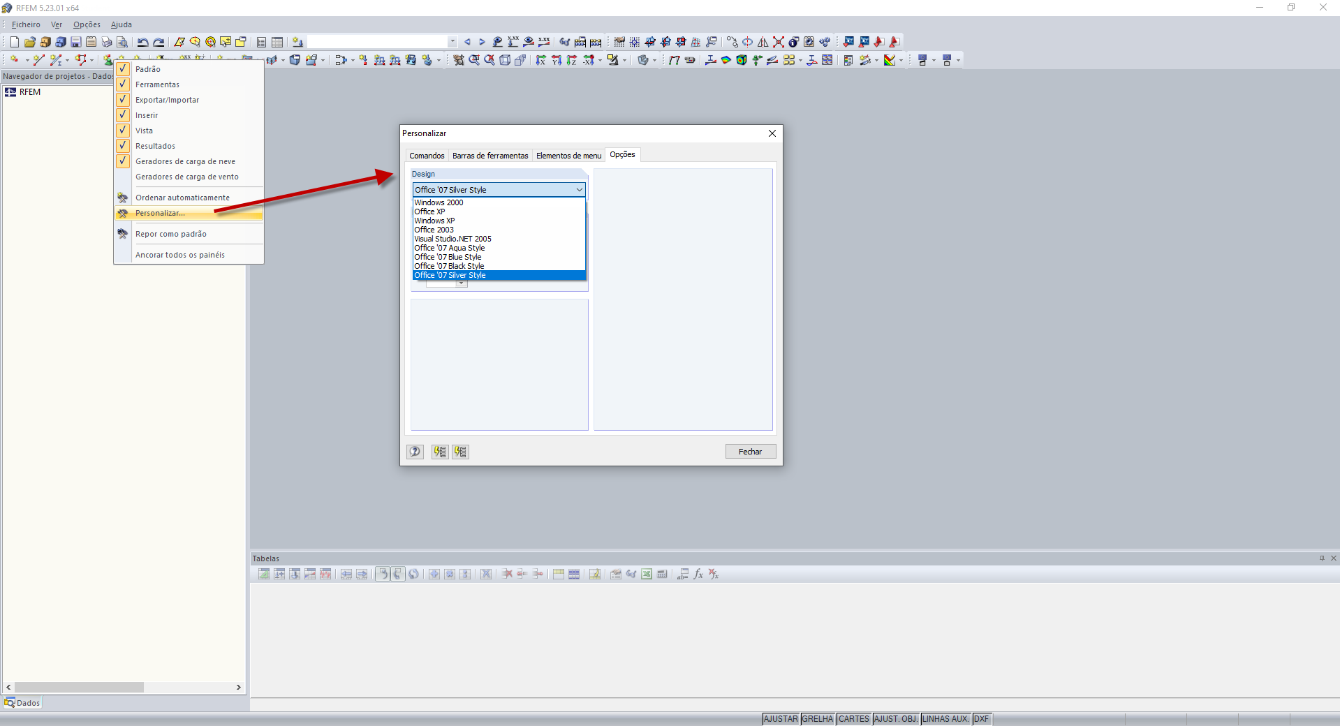 Personalizar → Opções