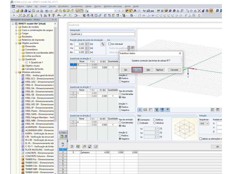 Introdução de valores na tabela da quadrícula