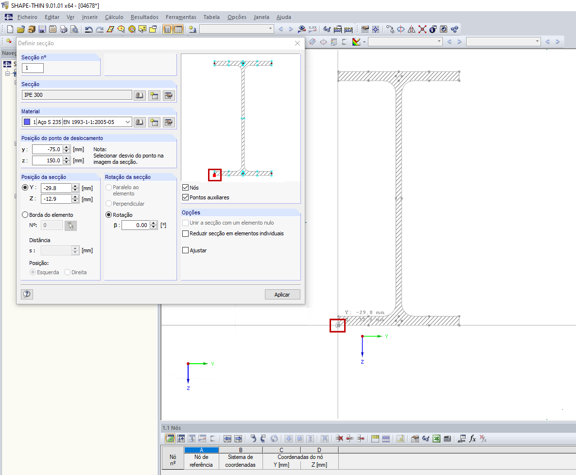Ponto de deslocamento (marcado em vermelho)