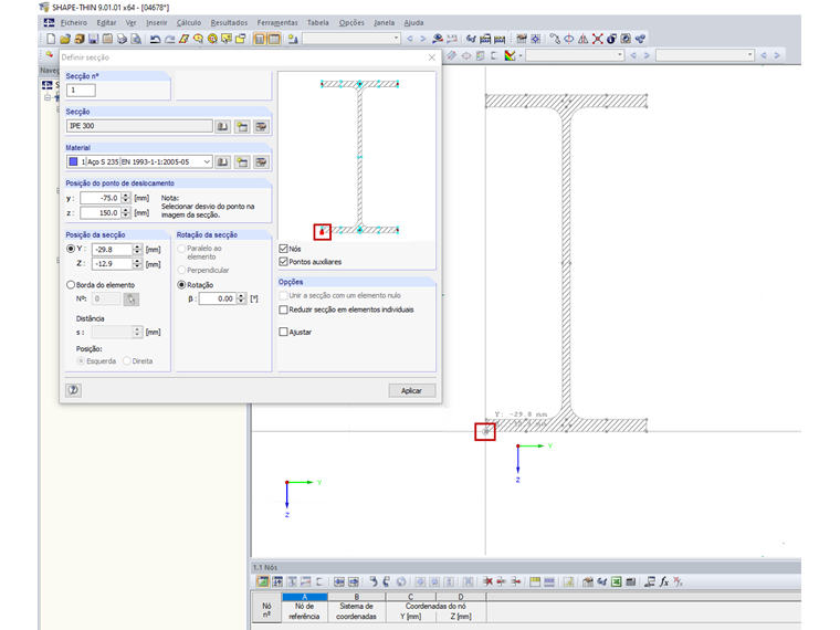 Ponto de deslocamento (marcado em vermelho)