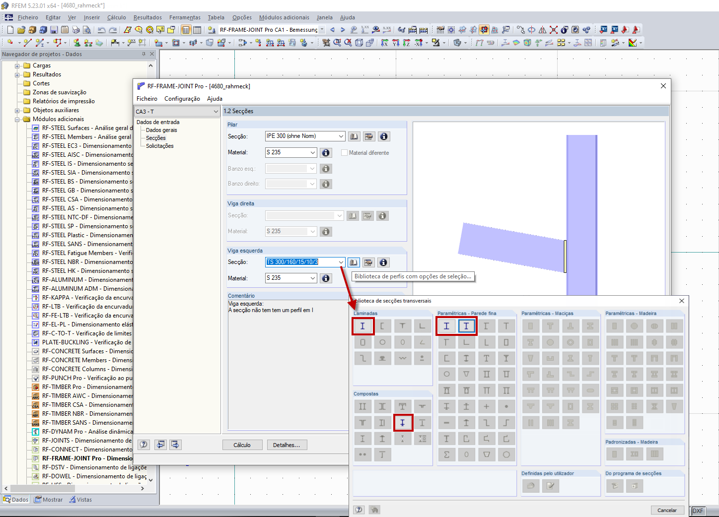 Secções permitidas para a ligação