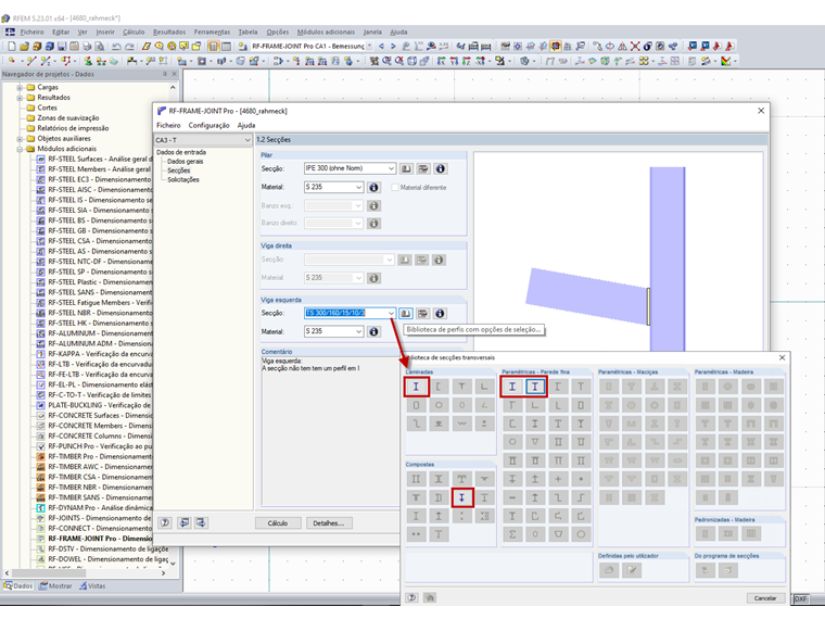 Secções permitidas para a ligação