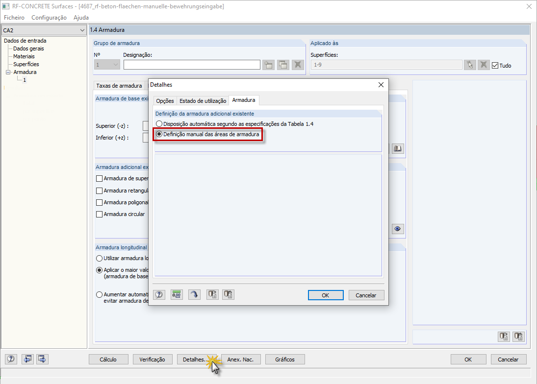 Mudar para "Definição manual das áreas de armadura"
