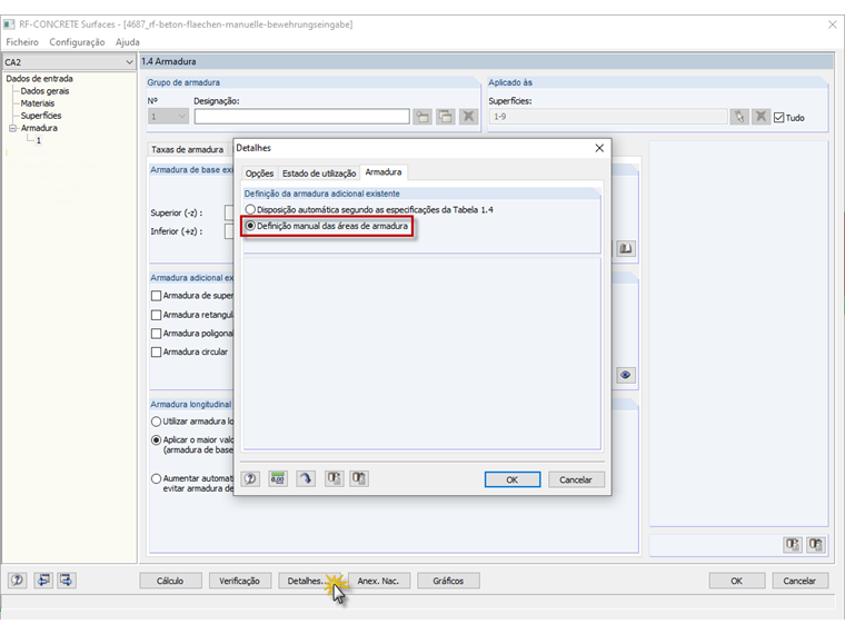 Mudar para "Definição manual das áreas de armadura"