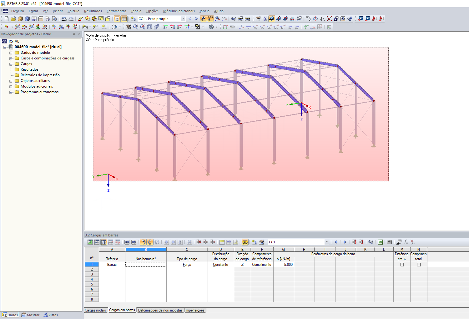 Aplicação de carga de barra na área
