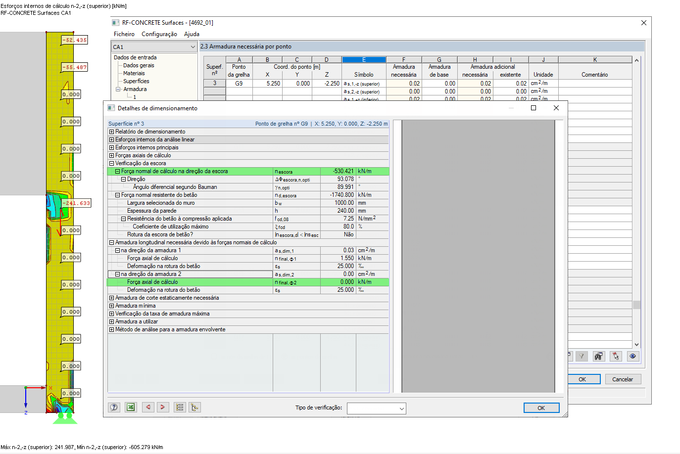 Detalhes de dimensionamento com otimização de esforços internos