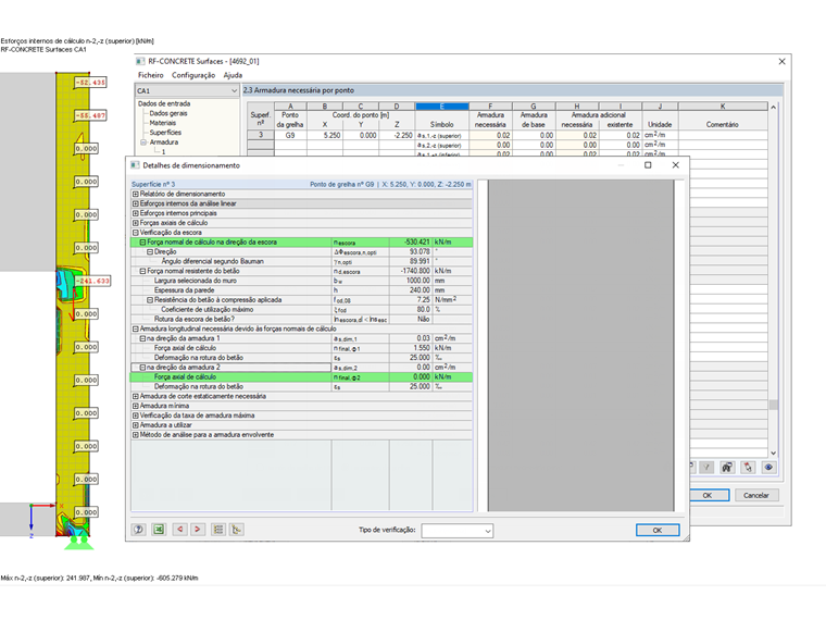 Detalhes de dimensionamento com otimização de esforços internos