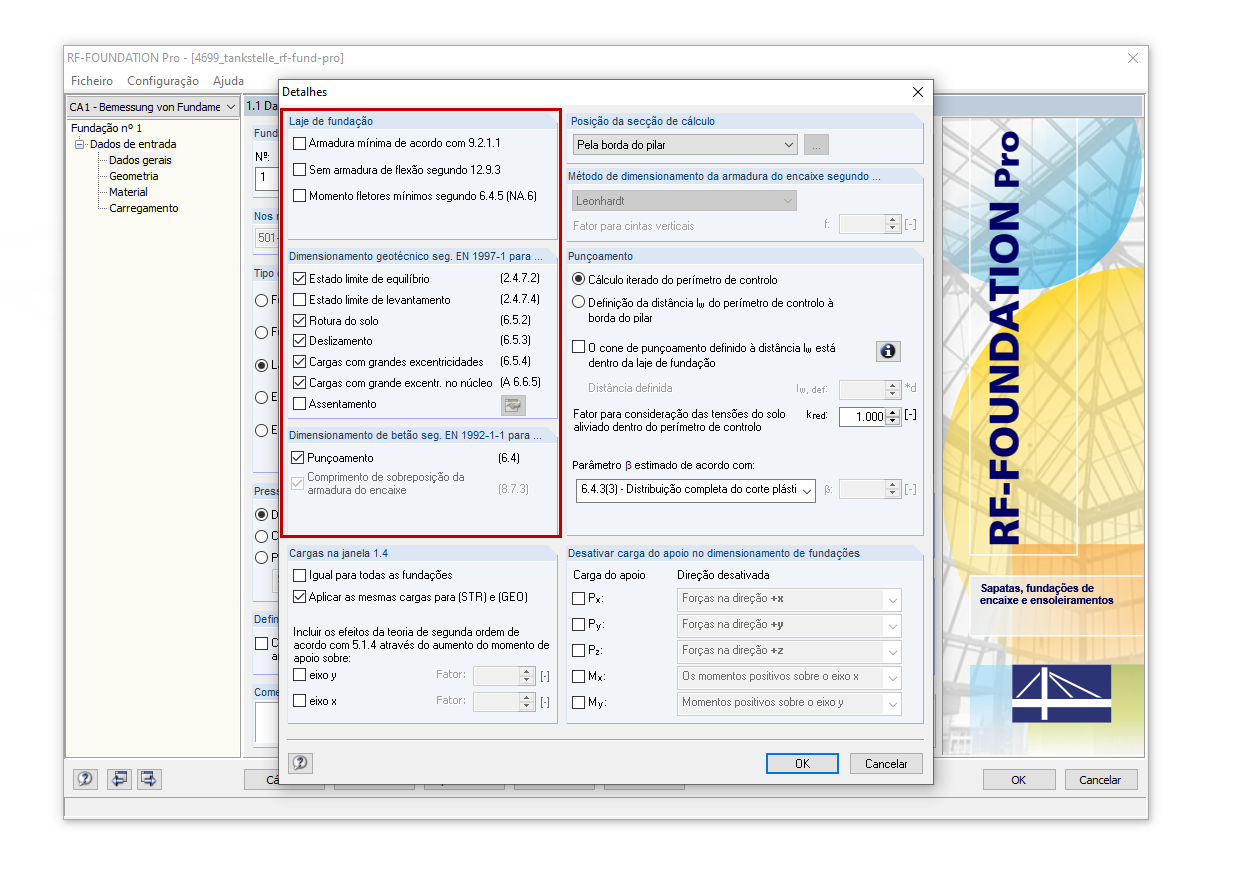 Configuração de detalhes no RF-/FOUNDATION Pro com seleção das verificações disponíveis
