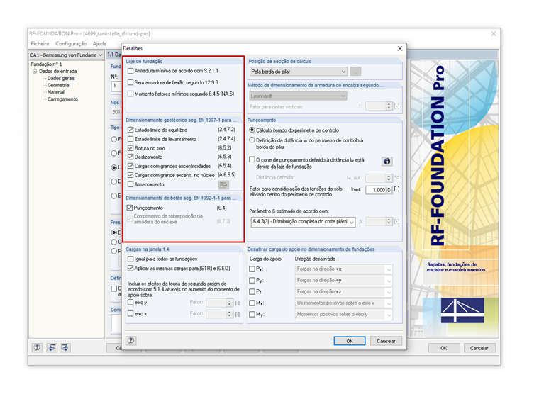 Configuração de detalhes no RF-/FOUNDATION Pro com seleção das verificações disponíveis