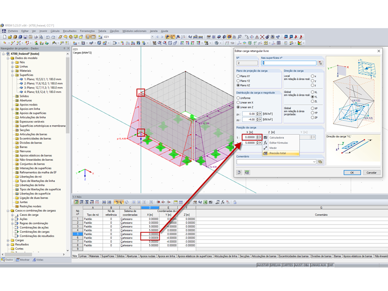 Desvio entre as coordenadas do nó e a carga retangular livre